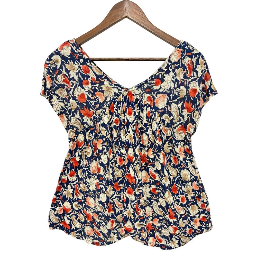 Lucky Brand Floral Print Knit Top Blue Red Short Sleeve Scoop Neck Small